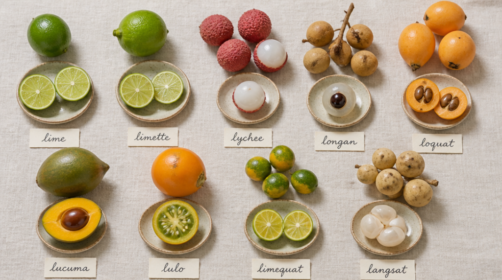 Fruits commençant par L alignés avec étiquettes en français