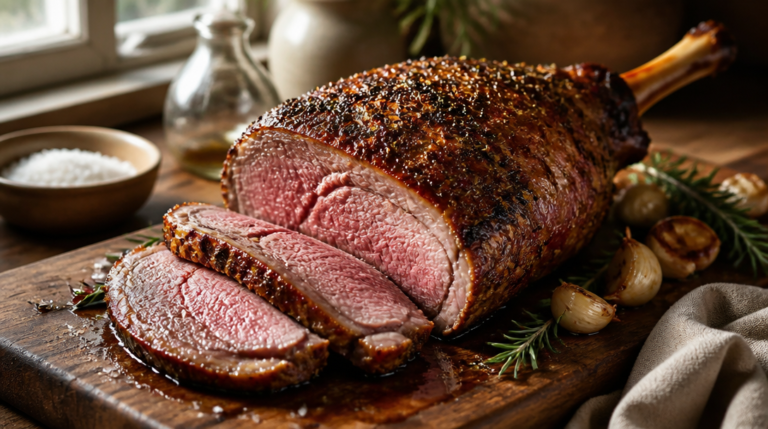 Gigot d’agneau au four (cuisson lente), croûte dorée, tranches rosées