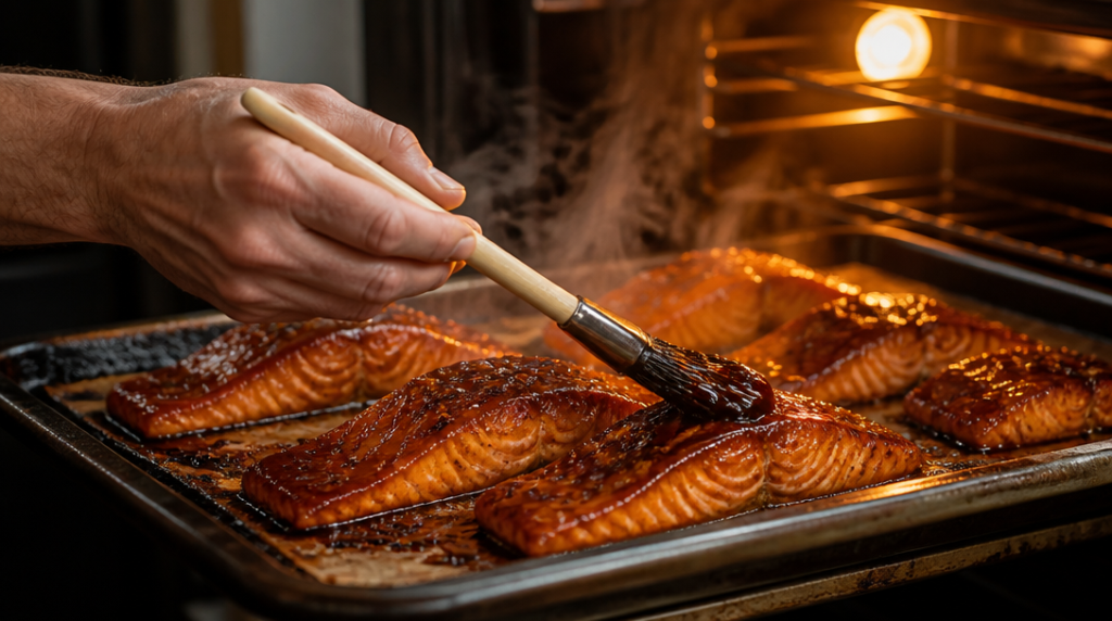 Laquage teriyaki sur saumon, pinceau et brillance