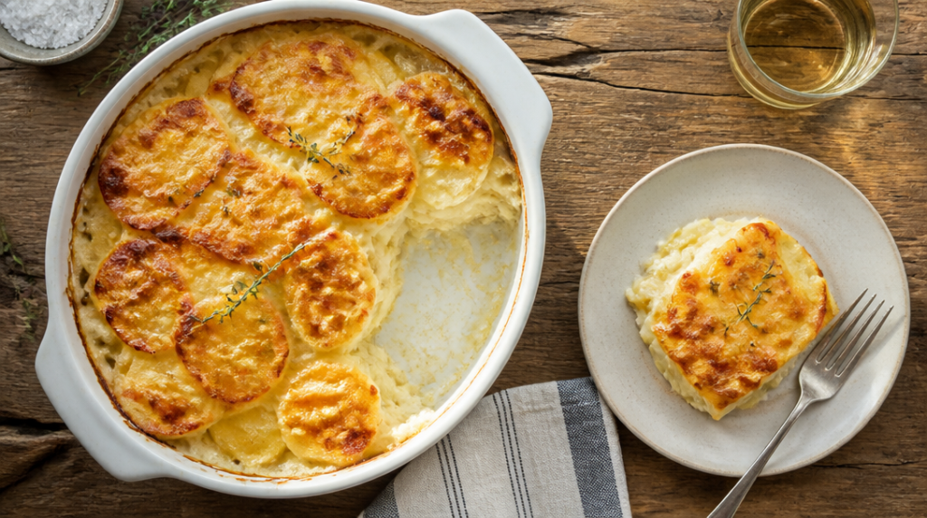 Gratin dauphinois crémeux, surface dorée et bullée