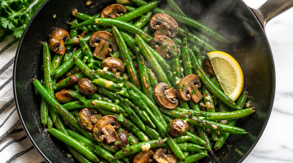 Haricots verts et champignons, ail et persil, touche de citron