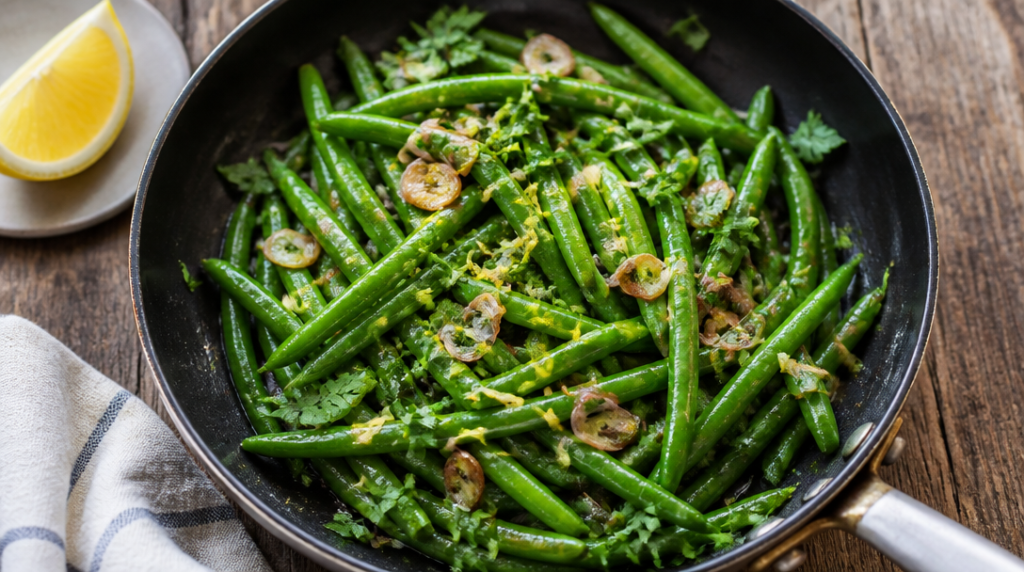 Haricots verts sautés ail et persil pour fraîcheur