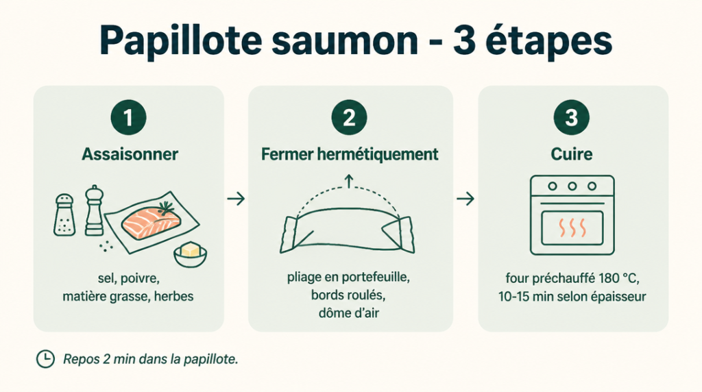 Infographie des trois étapes clés de la papillote