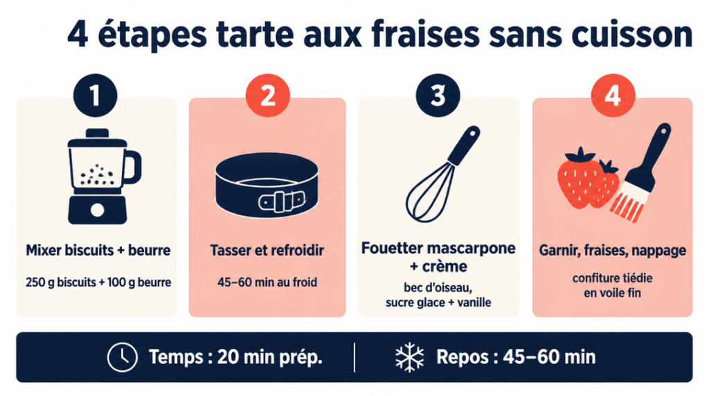 Infographie des étapes : base, repos, crème, montage