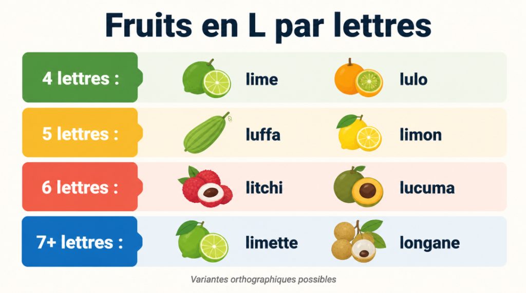 Infographie des fruits en L classés par longueur du mot