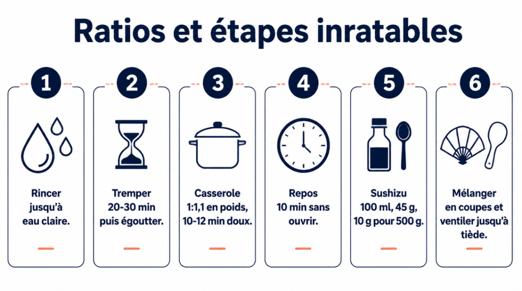 Ratios et étapes inratables pour riz à sushi
