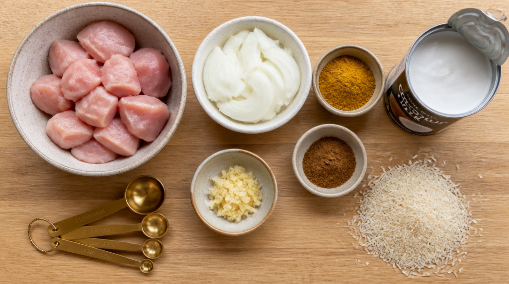 Dés de poulet, oignon, ail, curry et lait de coco mesurés
