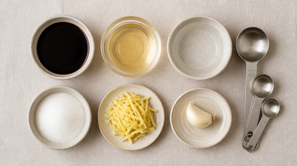 Ingrédients pour tare teriyaki : soja, mirin, saké, sucre