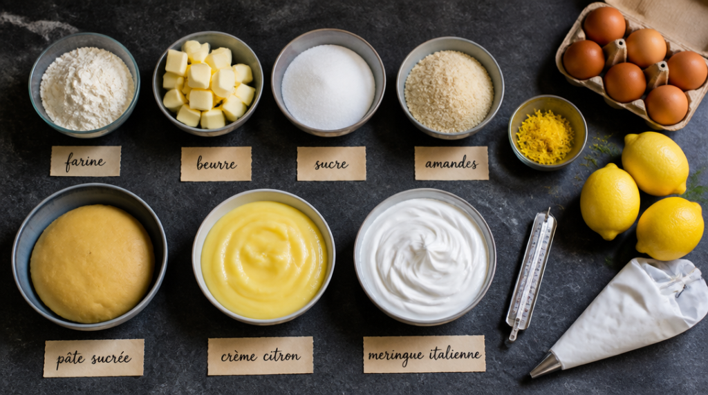 Ingrédients pesés en grammes pour pâte, crème et meringue italienne