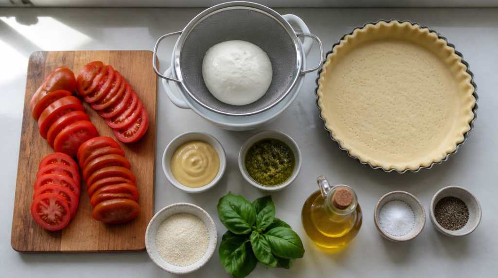 Tomates Roma, fior di latte égouttée et pâte prête
