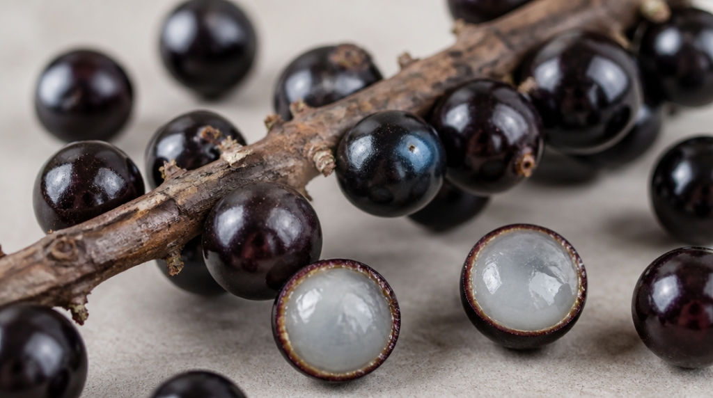 Baies de jaboticaba noires, pulpe translucide visible