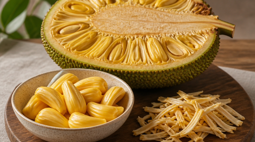 Jacque jacquier jackfruit avec arilles jaunes et fibres