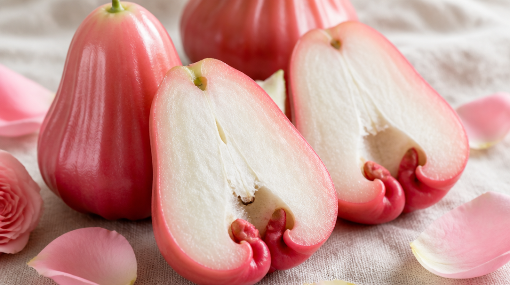 Jambose pomme rose tranchée, parfum floral évoqué
