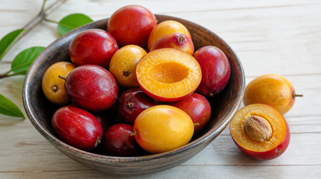 Jocote fruit spondias rouge et jaune, chair vive
