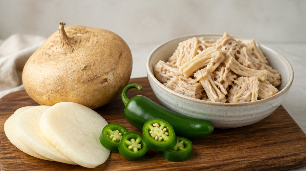 Jícama tranché, jalapeño et jacque jeune sur planche