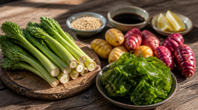 Trio de légumes en U : udo, ulluco et ulve sur planche