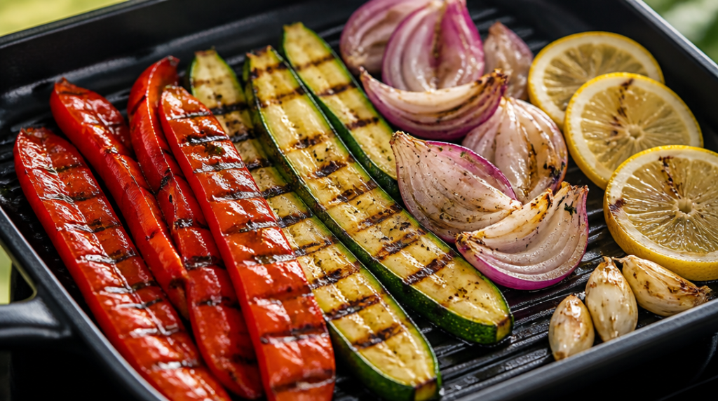 Légumes grillés citronnés, poivrons courgettes et oignons