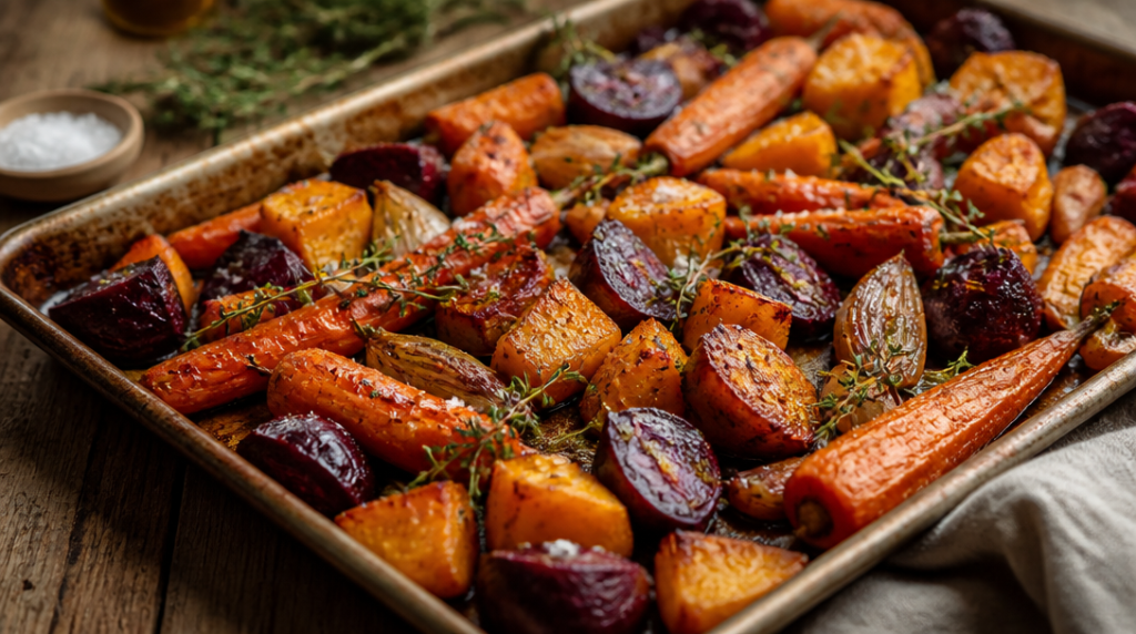 Carottes, courges et betteraves rôties avec thym et sel