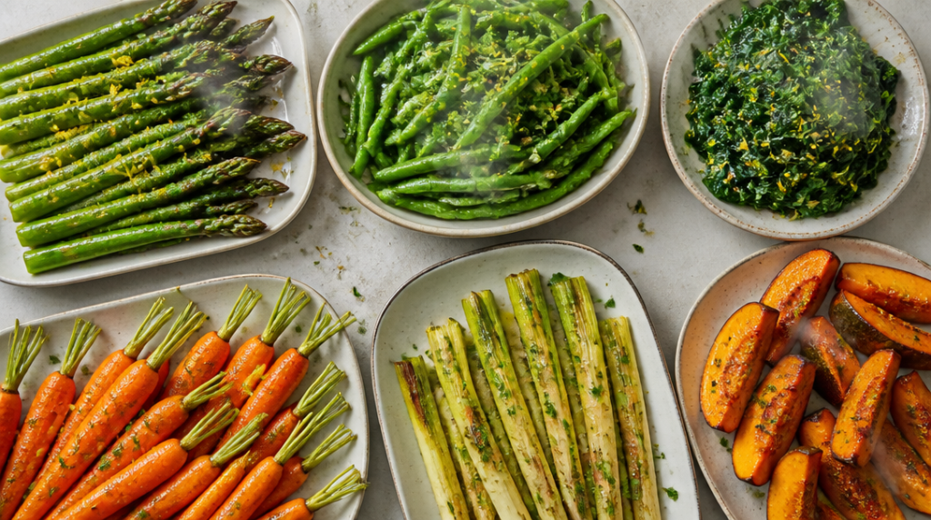 Plateaux d’asperges, haricots verts, carottes et potimarron rôtis