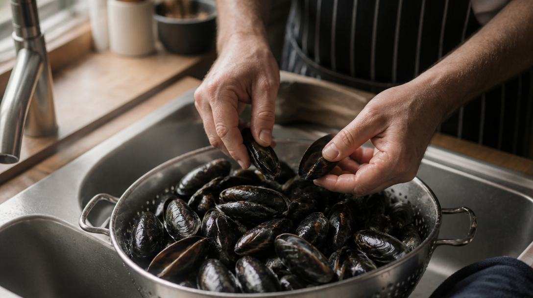 Tri d’une moule ouverte avant la cuisson sur plan de travail