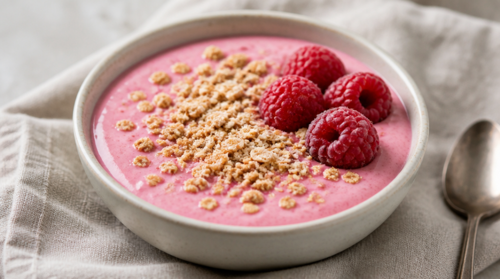 Mousse protéinée cottage cheese framboise avec crumble d’avoine