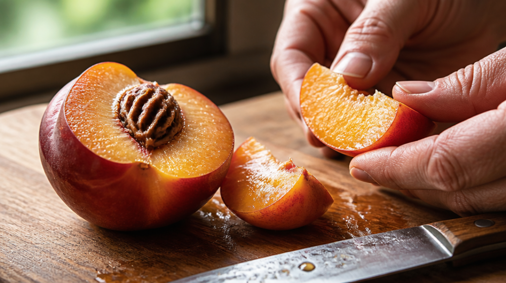 Nectarine tranchée en été, chair juteuse et peau lisse
