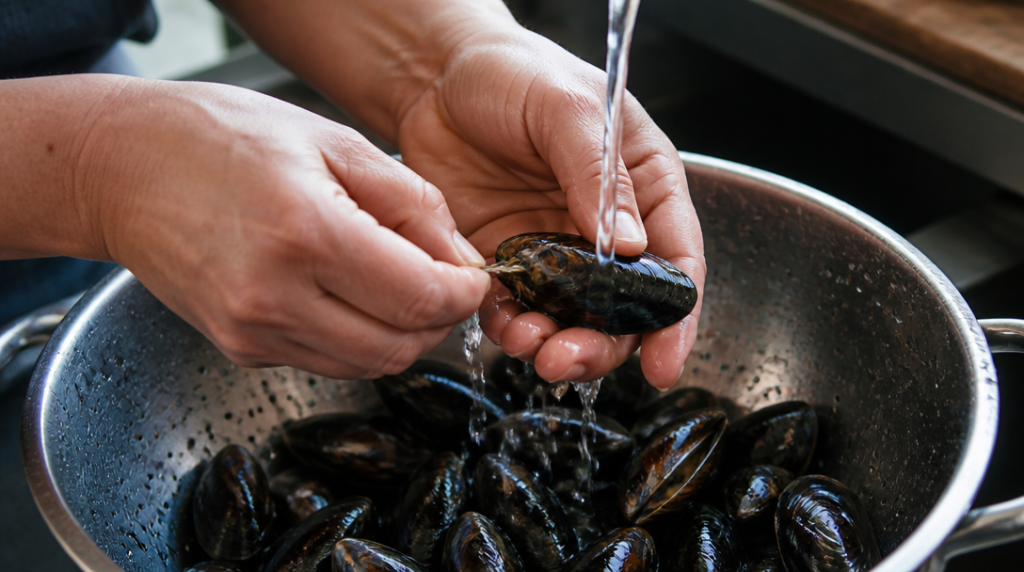 Retirer le byssus et trier les moules sous l’eau froide