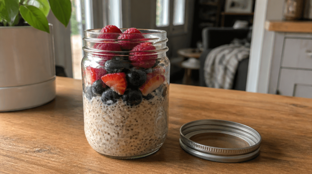 Bocal d’overnight oats protéinés avec fruits rouges