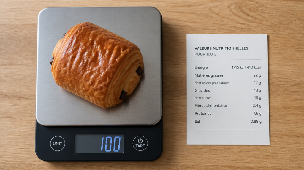 Pain au chocolat de 100 g sur balance, repère kcal