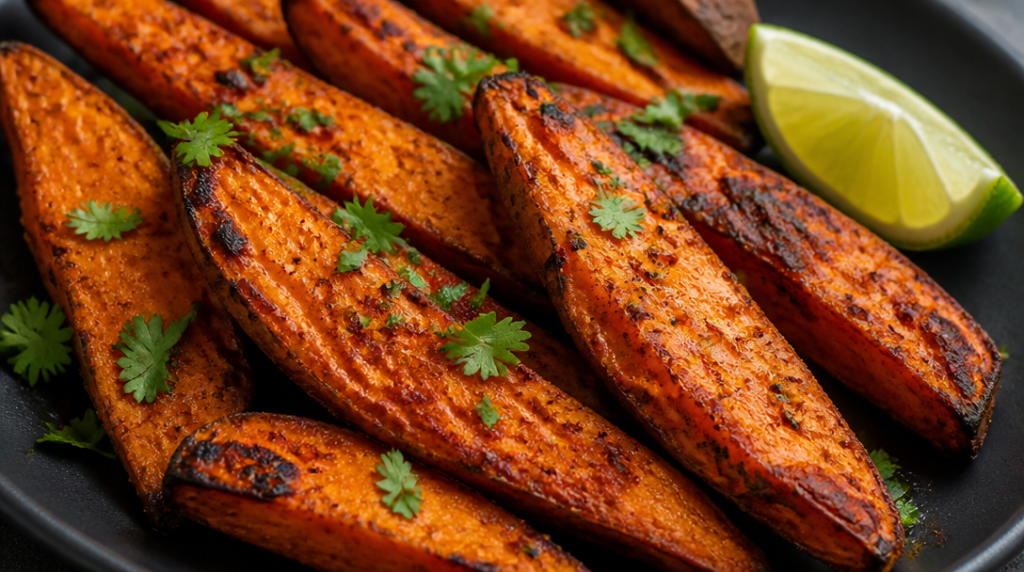 Patate douce rôtie, parfum fumé, herbes et citron vert