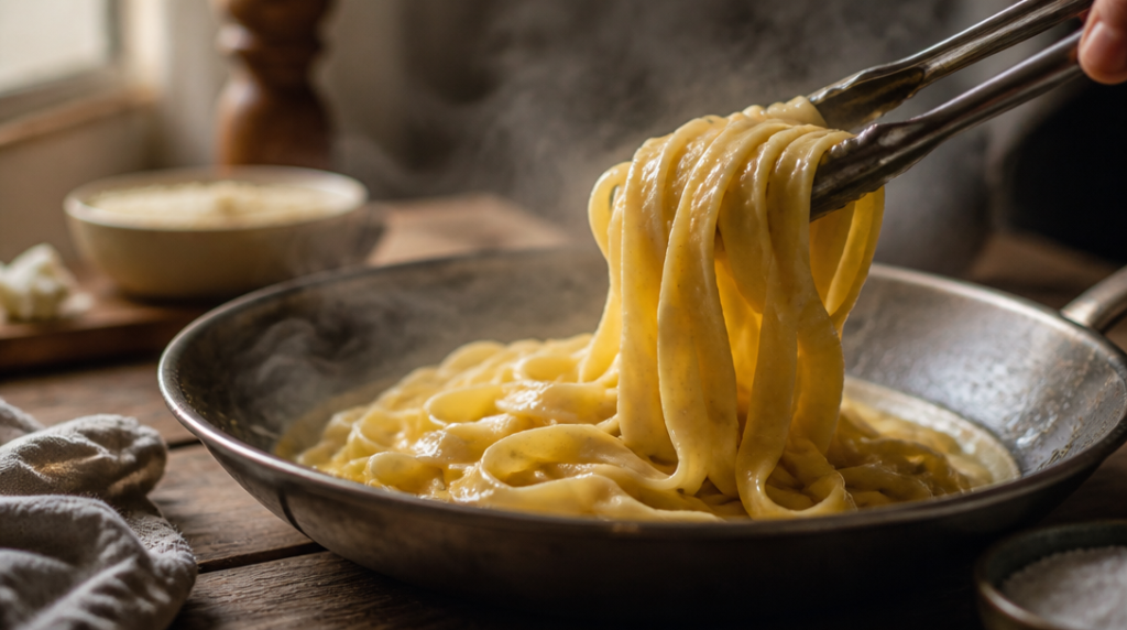 Pâtes fraîches al dente enrobées de beurre émulsionné