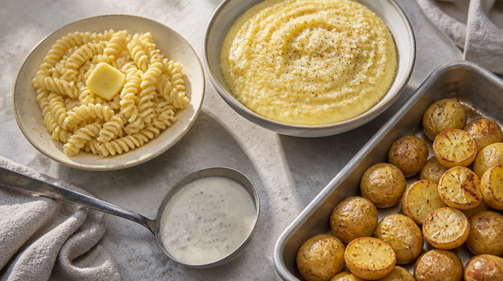 Pâtes al dente, polenta crémeuse et grenailles rôties