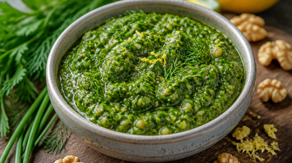 Pesto vert aux herbes fraîches et zeste de citron