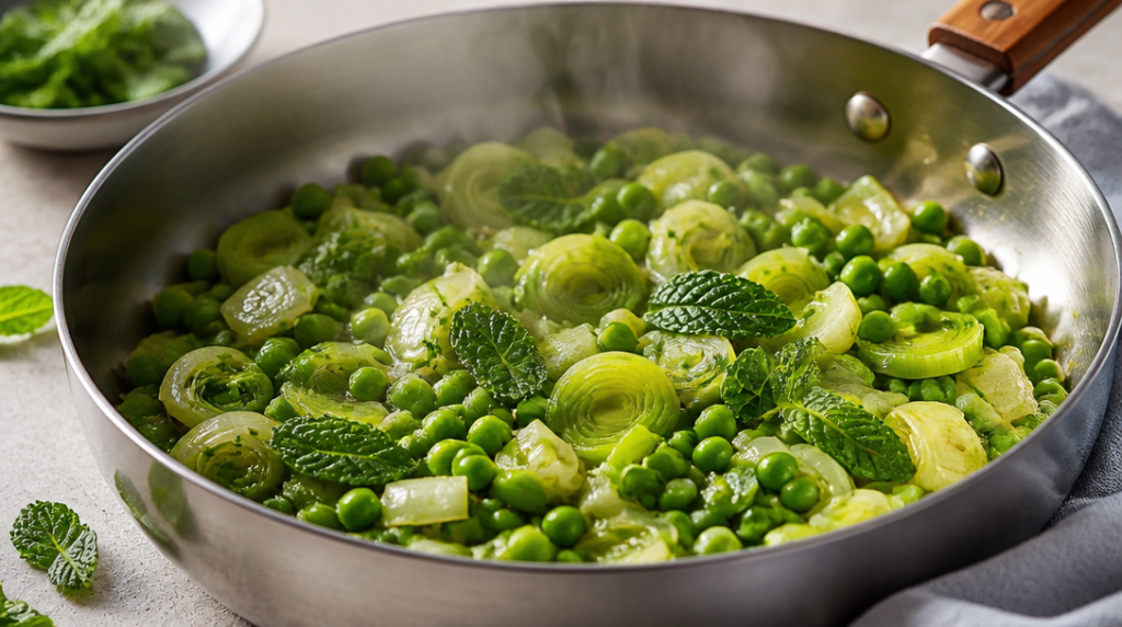 Petits pois et poireaux étuvés, verts et soyeux