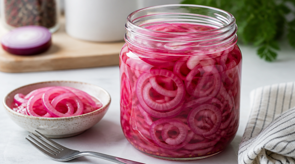 Pickles d’oignons rouges minute en bocal hermétique