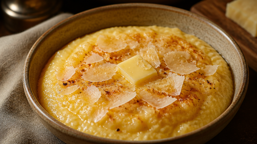 Polenta crémeuse au parmesan, surface légèrement dorée