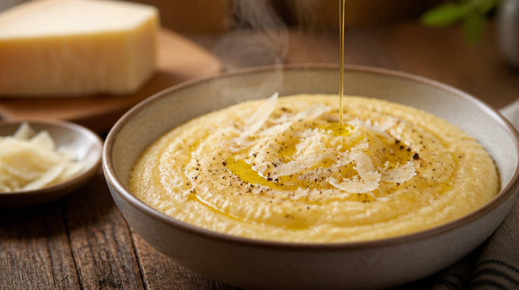 Polenta crémeuse au parmesan et filet d’huile d’olive