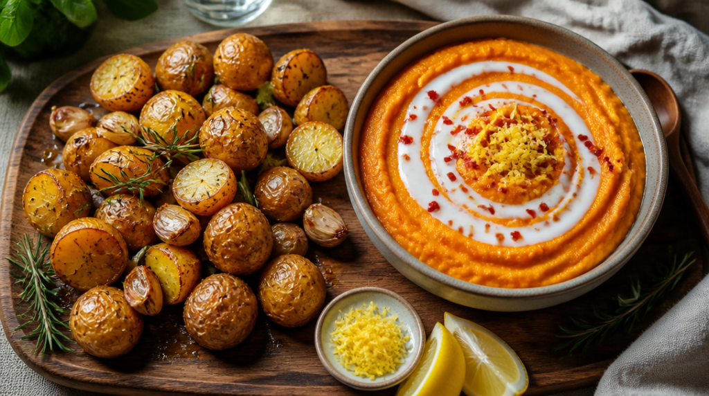 Pommes de terre rôties et purée patate douce au coco