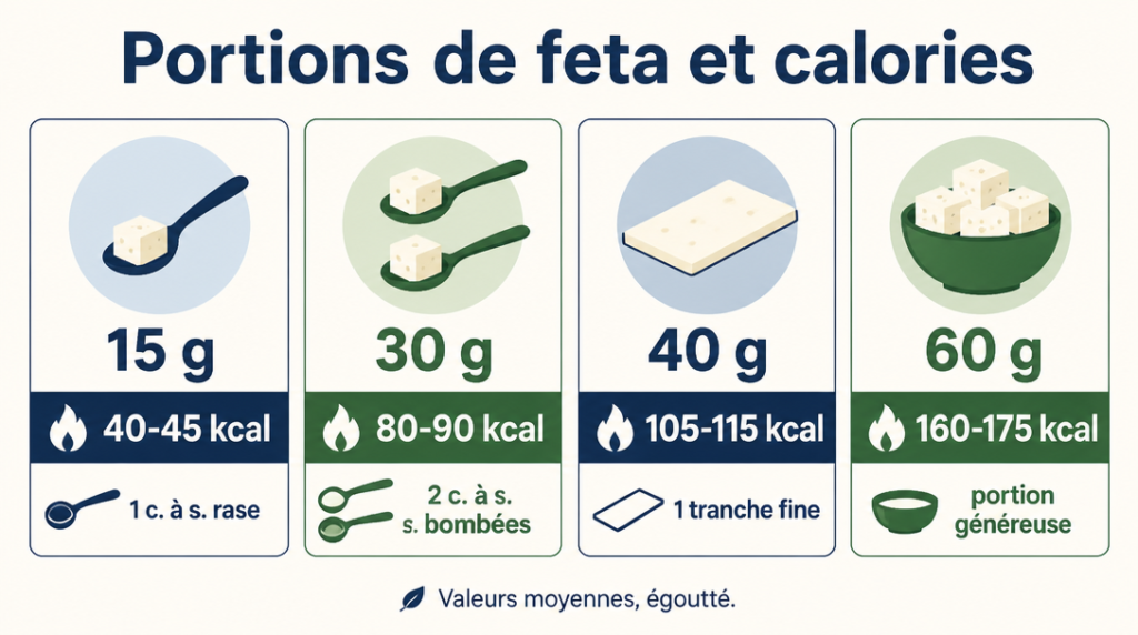 Portions de feta 15 à 60 g avec estimations kcal