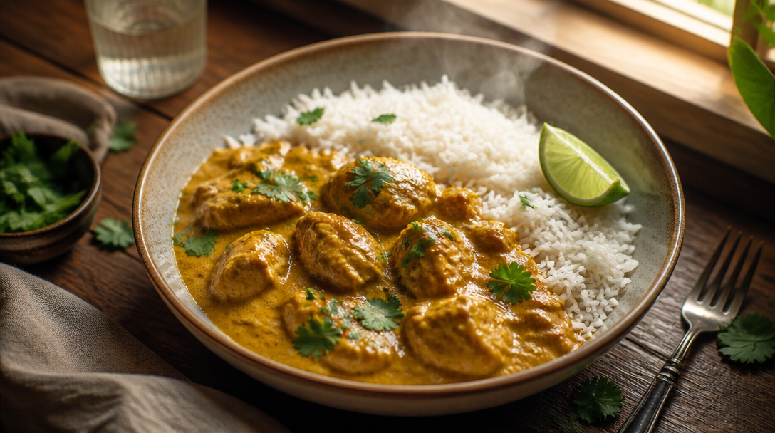 Assiette de poulet au curry crémeux avec riz basmati