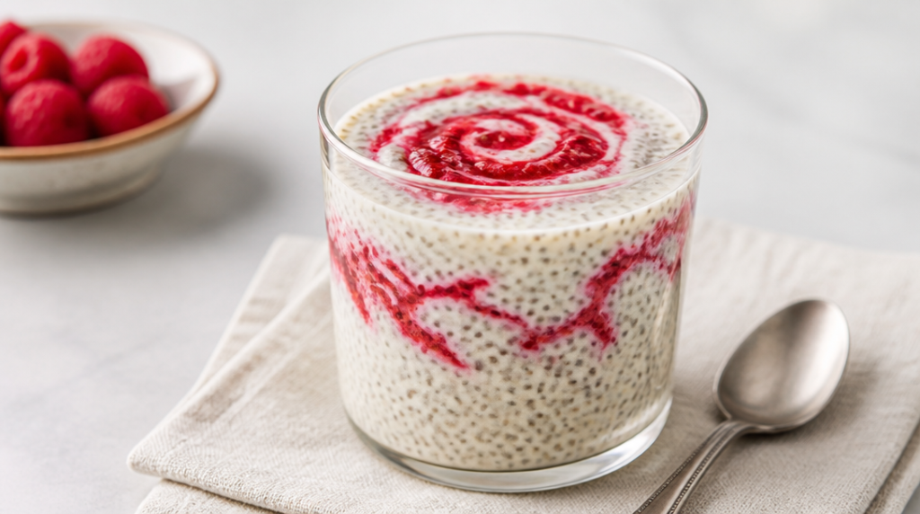 Pudding de chia protéiné vanille avec coulis de fruits