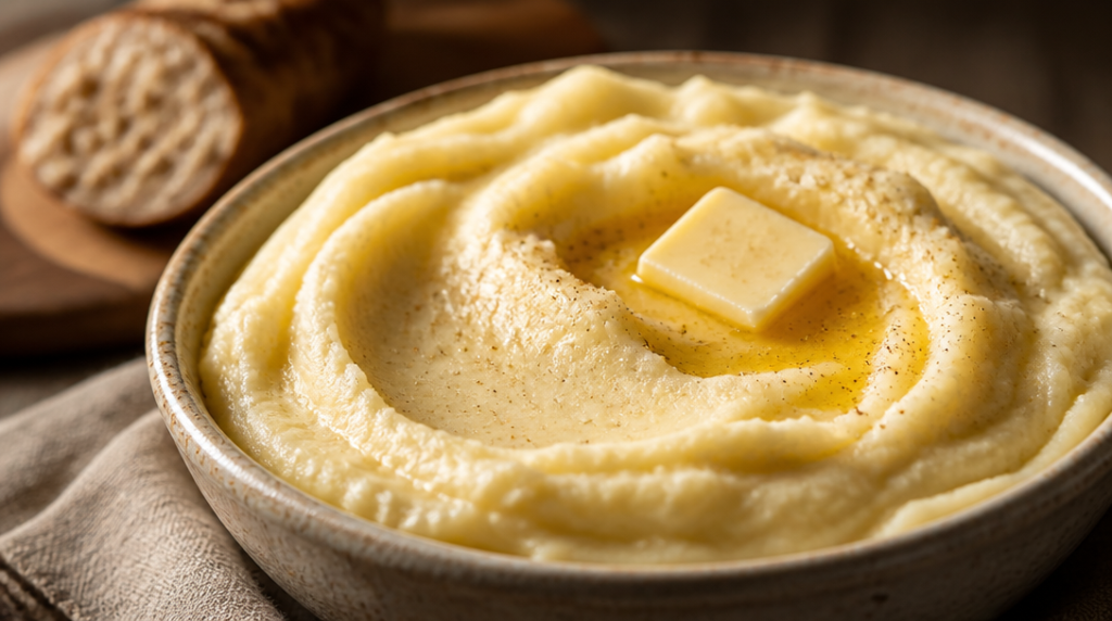 Purée de pommes de terre onctueuse, texture souple et brillante