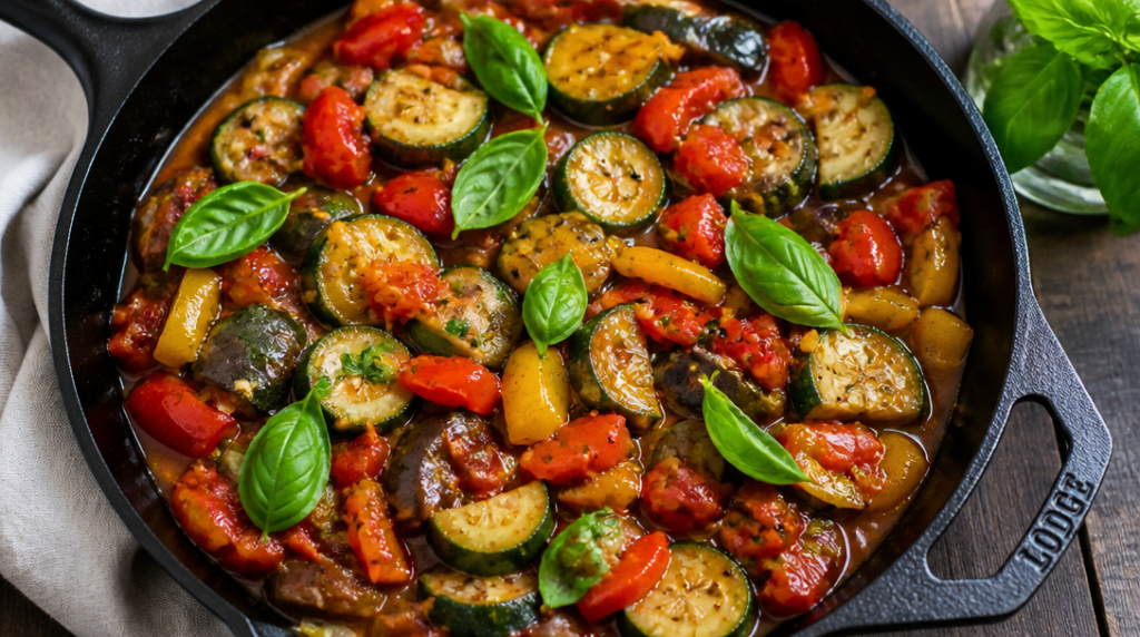 Ratatouille maison juteuse, légumes d’été bien visibles