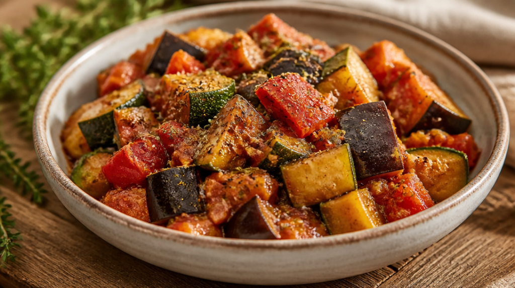 Ratatouille avec aubergine, courgette et tomate, herbes de Provence