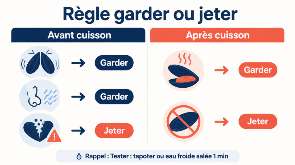 Schéma décisionnel garder ou jeter les moules, avant et après cuisson