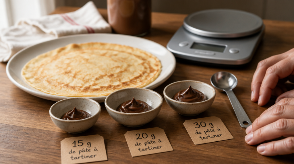 Repères visuels 15 g, 20 g, 30 g de pâte à tartiner, kcal par portion