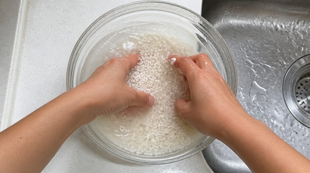 Rinçage du riz japonais, eau claire et brassage doux