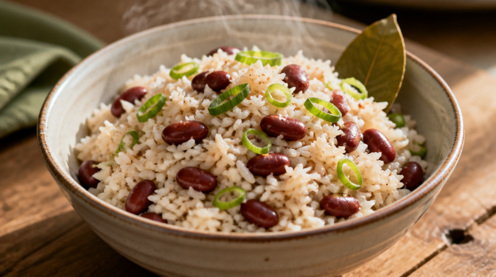 Riz coco aux haricots rouges, grains détachés et vapeur