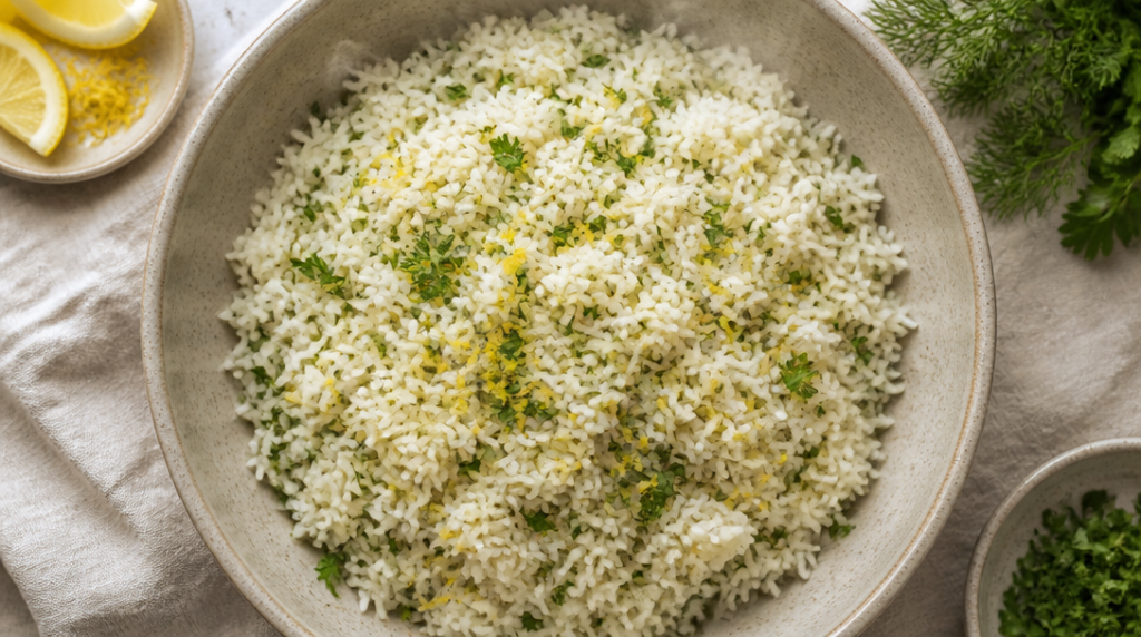 Riz pilaf citronné aux herbes fraîches, grains détachés