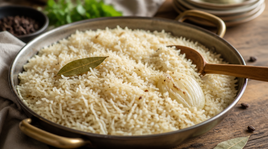 Riz pilaf aux grains détachés prêt à napper de sauce